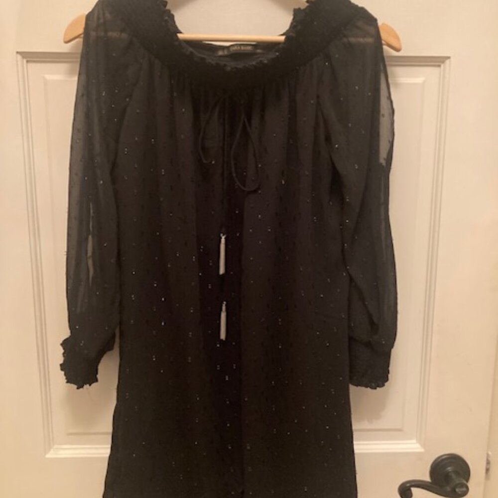 Zara Peasant Off Shoulder Swiss Dot Black Chiffon Cocktail Dress SZ XS ZARA Peas